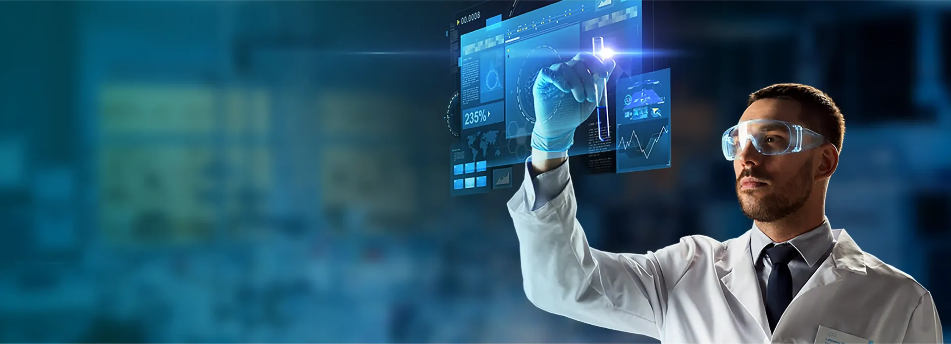 Driving Transformation in Healthtech — scientist with digital lab interface